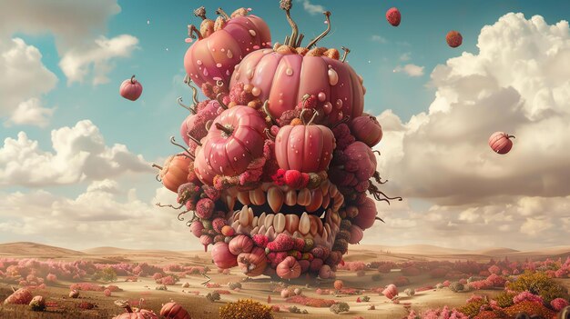 Сюрреалистический пейзаж с гигантской головой из розовых тыквы Голова имеет острые зубы и окружена бесплодной пустыней