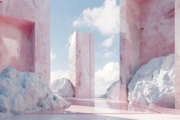 Surreal landscape with pink marble monoliths and snow