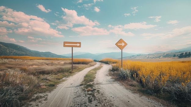 Foto paesaggio surreale con una strada divisa e frecce di segnaletica che mostrano due diversi percorsi a sinistra e a destra per scegliere la direzione la strada si divide in modi di direzione distinti concetto di scelta di decisione difficile