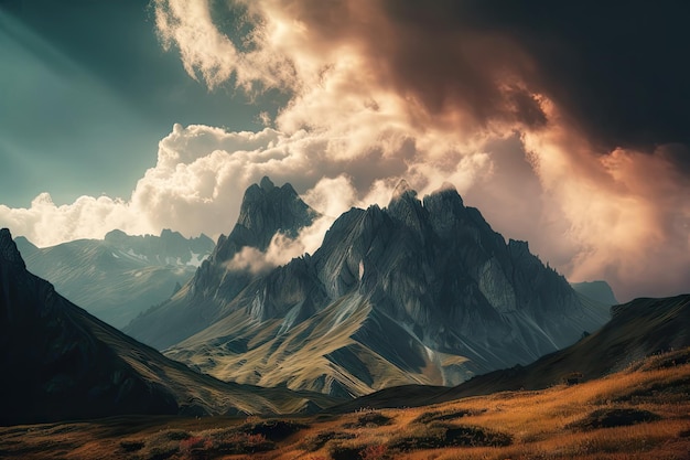 A surreal landscape with a towering mountain range and rolling clouds in the sky