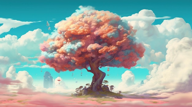 A surreal landscape with a tree made of clouds Fantasy concept Illustration painting Generative AI