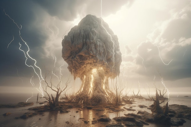 A surreal landscape with a tree shaped bomb and lightning strikes the sky.