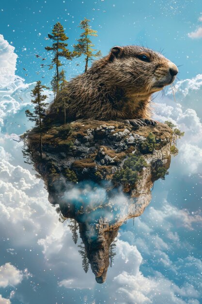 Surreal Landscape of Woodchuck on Floating Island with Trees Under a Blue Cloudy Sky