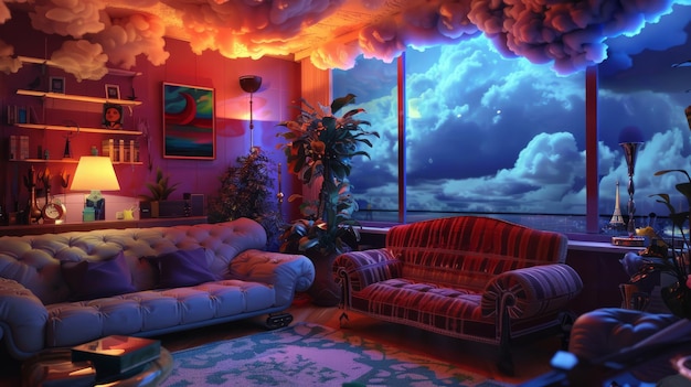 Photo surreal living room with clouds inside and stormy view outside