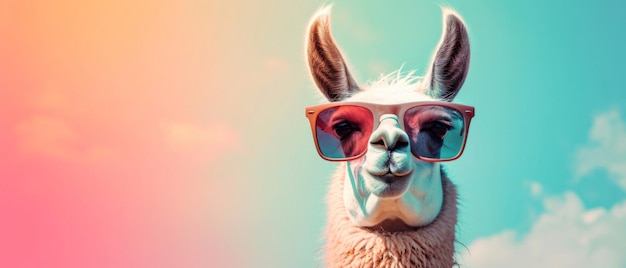 Photo surreal llama with sunglasses on a pastel background perfect for advertising