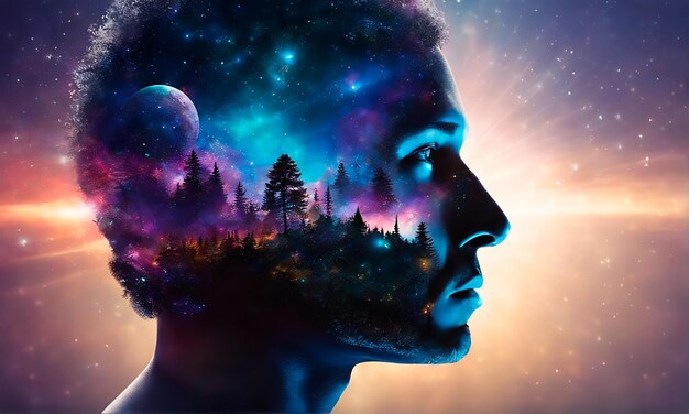 Surreal man head with night sky with planet and a forest