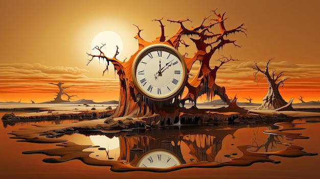 Surreal melting clock landscape