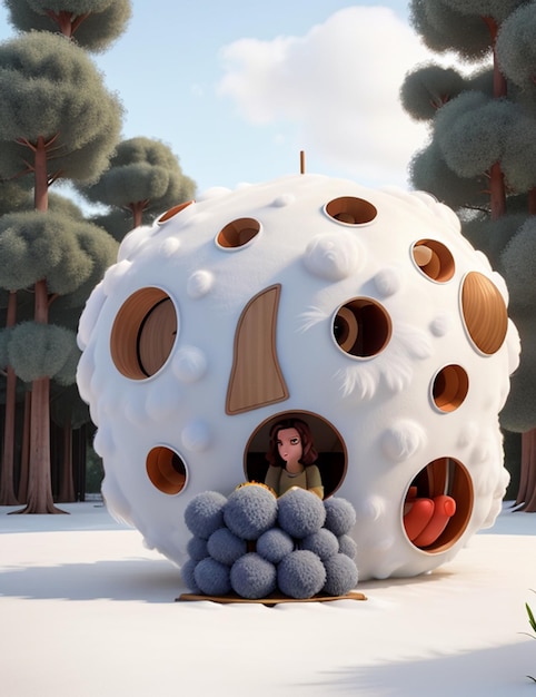 3Dのふわふわした毛皮の球体で構成されたシュールなミッドセンチュリーのモダンな家。詳細な建築物もらい
