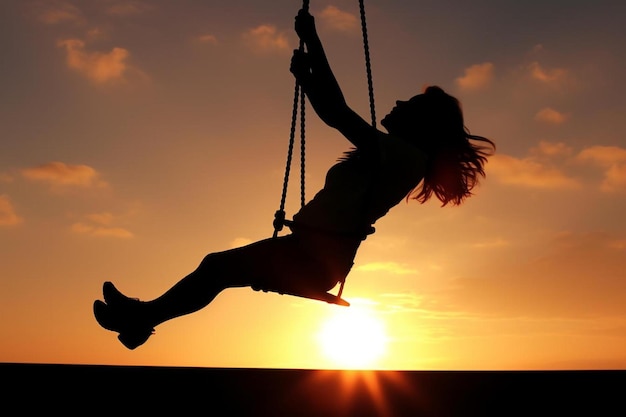 surreal moment of a woman having fun on a swing hanging from the sky