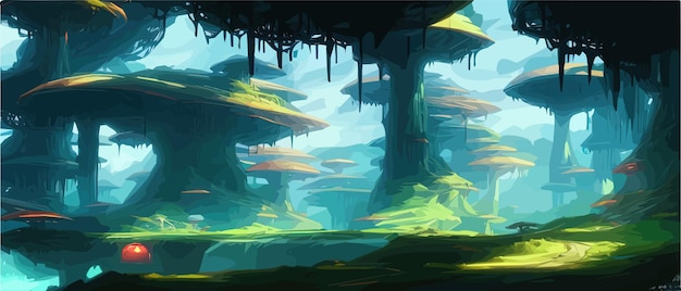 Сюрреалистические грибные пейзажи фэнтезийный пейзаж страны чудес с векторной иллюстрацией лунных грибов Мечтательная фантазия