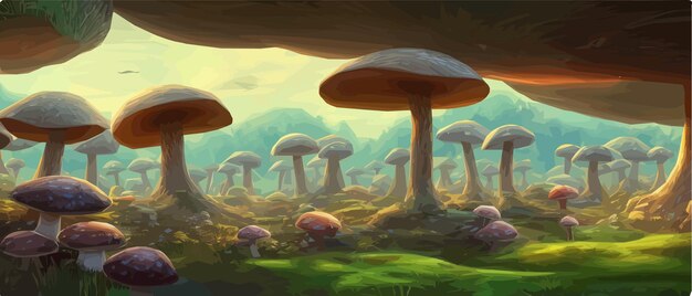 Surreal mushroom landscapes fantasy wonderland landscape with moon mushrooms vector illustration Dreamy fantasy