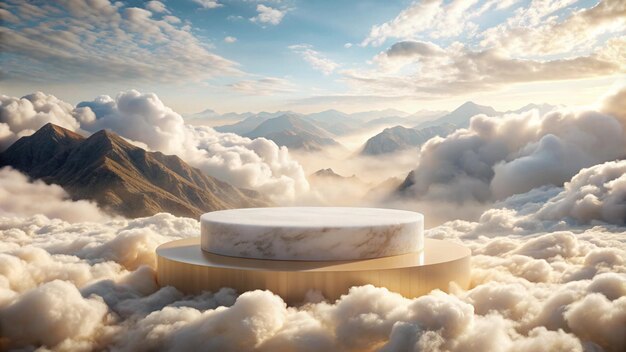 surreal natural rough white beige mable stone podium on cloud mountain nature landscape background with spacecosmetic beauty product placement pedestal rock stand display