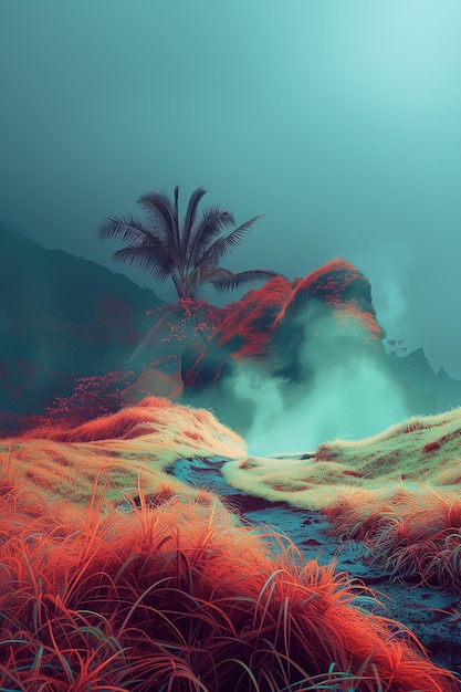 Surreal nature landscape in blue and red colors tropics mountains wind