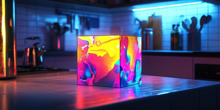 Photo surreal neon cube 3d digital art showcasing vibrant color contrast and experimental lighting effects