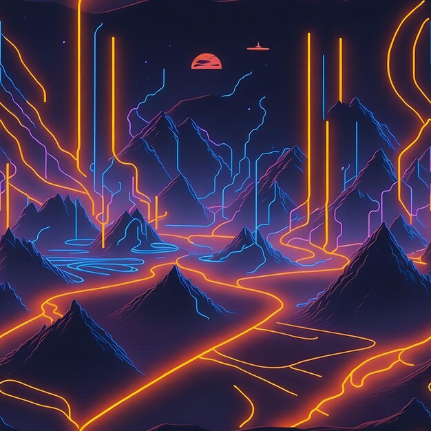 A surreal neon landscape of glowing shapes and lines illuminated by a mysterious light source