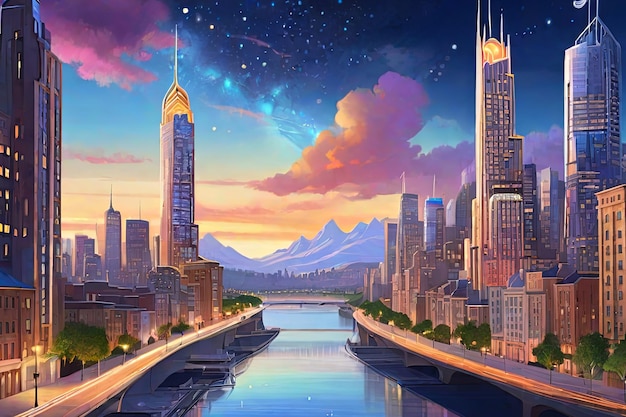 Surreal Night Cityscap Vibrant Digital Painting