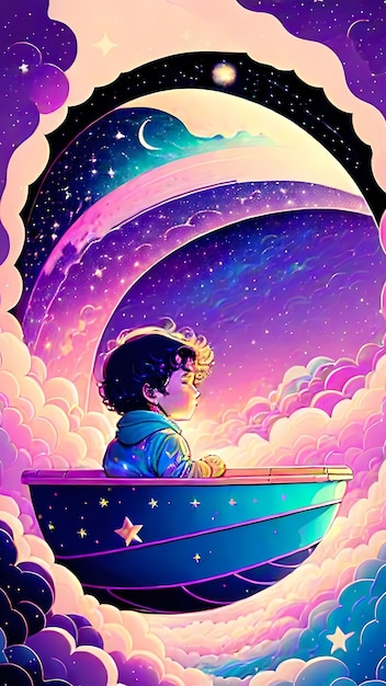 Surreal painting of a child dreaming about floating among stars