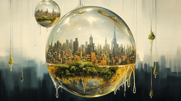 ガラスの球の中の都市の超現実的な絵画