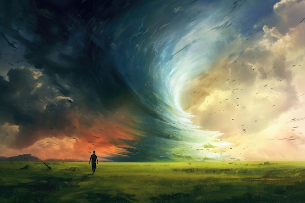 Surreal painting A man stands in the middle of the field