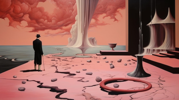 Foto pittura surreale del corpo di un uomo vicino a un lago rosa