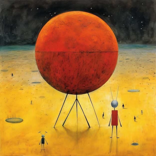 Surreal Painting Of Men And Orange Ball In Desert