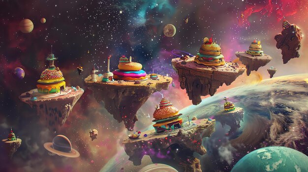 Photo surreal painting of a space junk yard with floating islands made of hamburgers