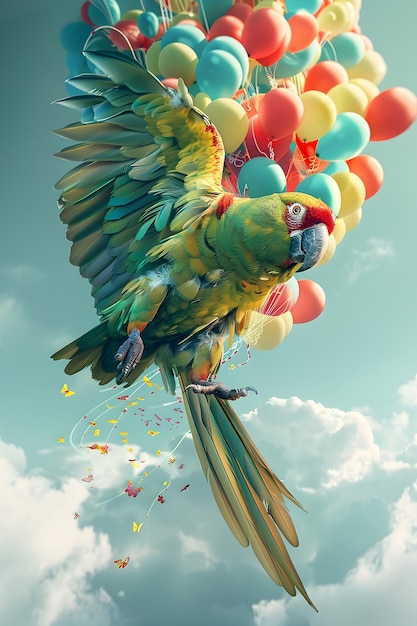 Surreal Parrot Soaring with Vibrant Balloons Trailing Its Emerald Wings Against Distant Azure Sky