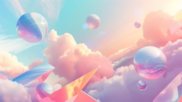 浮遊するガラスの球を持つ超現実的なパステル色の雲景色