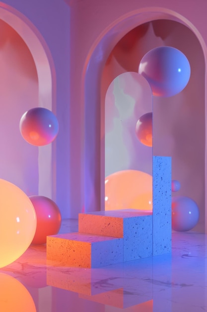 Surreal pastel room with floating spheres