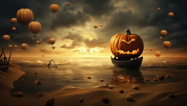 Photo surreal photo of big pumpkin on kayak