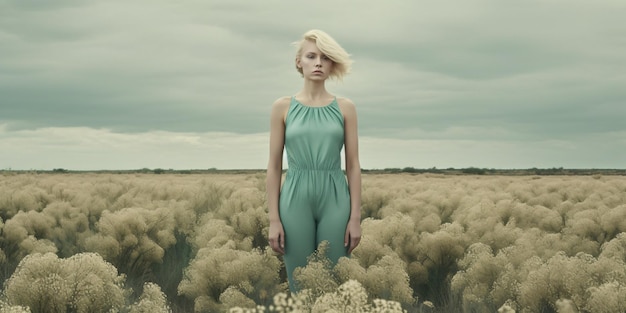 Surreal photo of a girl in nature flower field stock woman beauty blonde redhead Generative AI