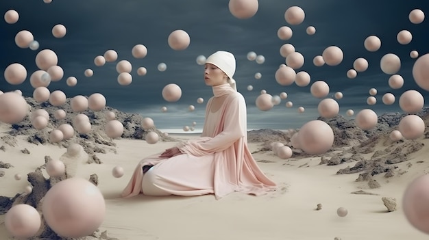 Surreal photography of a woman in a bubble world generative AI