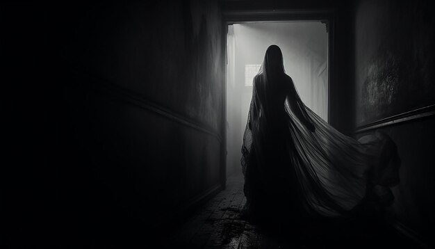 Photo surreal photorealistic woman shrouded in a black veil cast in dramatic