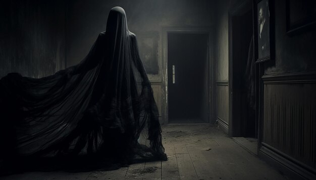 Foto donna surreale fotorealista avvolta in un velo nero proiettata in drammatico