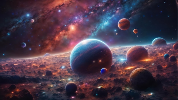 거대한 우주에 있는 초현실적인 행성, 빛나는 별, 혜성, 우유로 둘러싸여 있다.