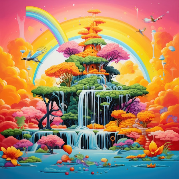 Surreal pop art of floating island garden with exotic flora waterfalls