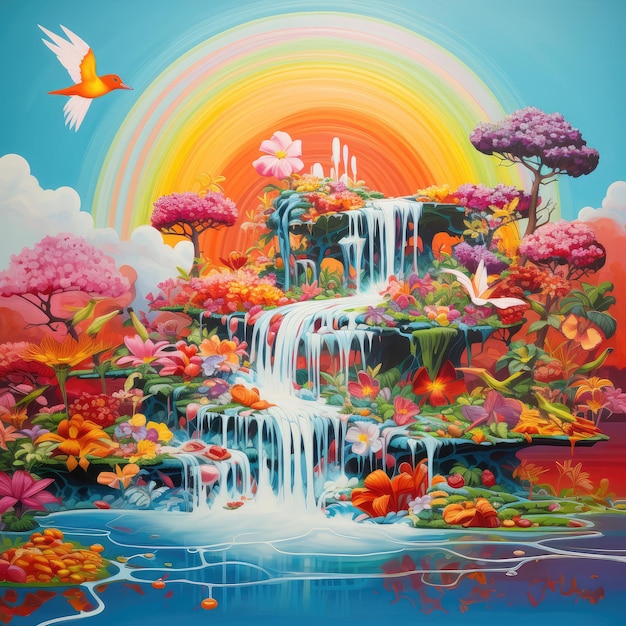 Surreal pop art of floating island garden with exotic flora waterfalls