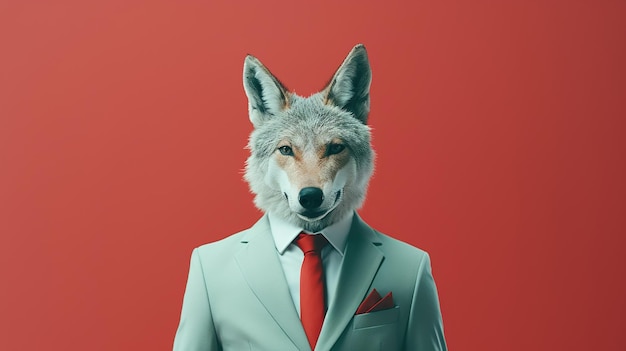 Surreal Portrait of a Coyote in a Suit Against a Vibrant Red Background Creative