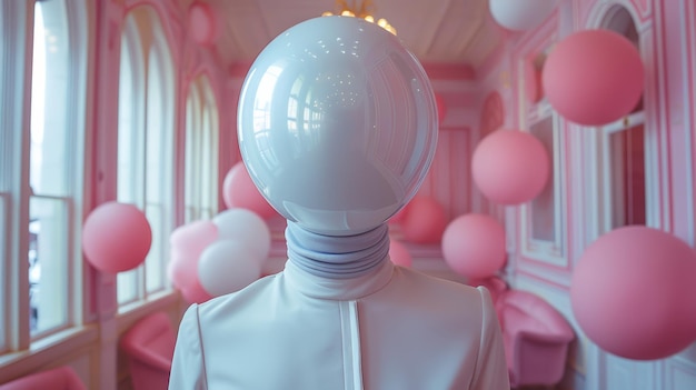 Photo surreal portrait of a figure with a light bulb head in a pink room