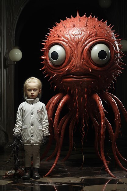 Surreal portrait of the monster near child concept of children's fears Generative Ai