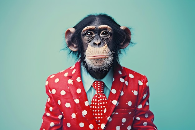 Photo surreal portrait of a playful monkey wearing a bright red and white polka dot suit