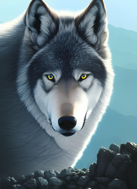 Surreal portrait of samurai wolf on a mountain, cartoon
style