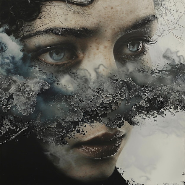 Surreal Portrait with Clouds and Lace Veil