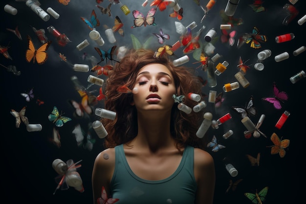 Foto ritratto surreale di una donna tra pillole e farfalle.