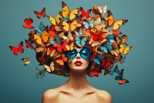 Surreal portrait of a woman with butterflies in her hair Abstract photo in pop art collage style Generative Ai