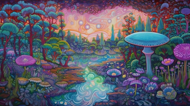 Surreal psychedelic landscape fantastic mushrooms