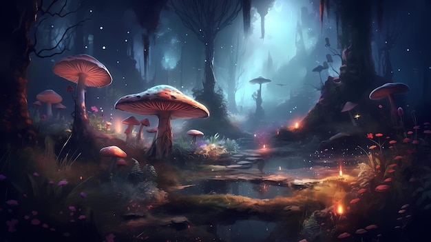 Surreal psychedelic landscape fantastic mushrooms