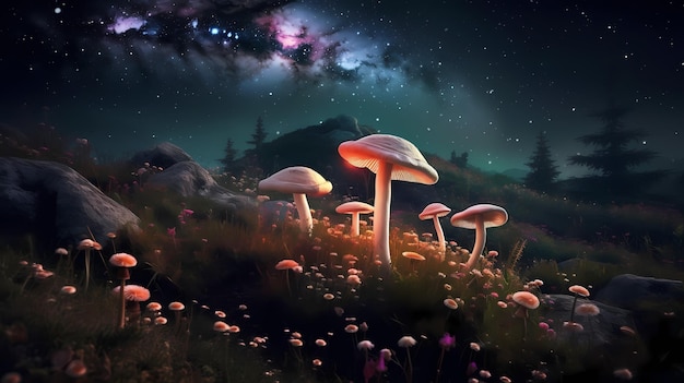 Surreal psychedelic landscape fantastic mushrooms