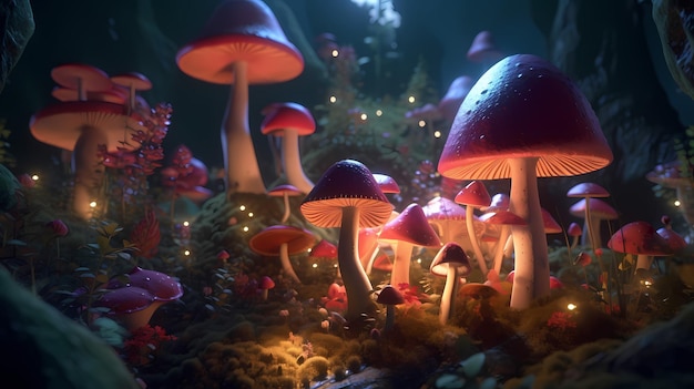 Surreal psychedelic landscape fantastic mushrooms