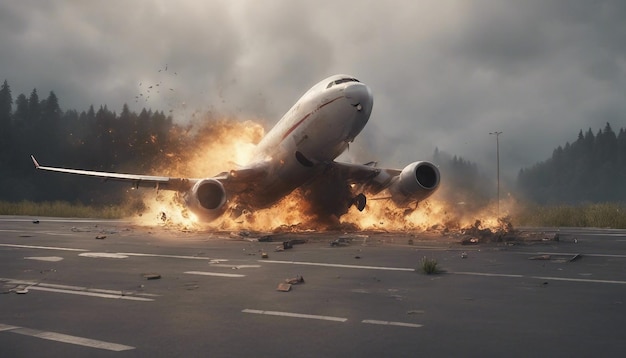 Surreal realistic shot of an airplane crashing